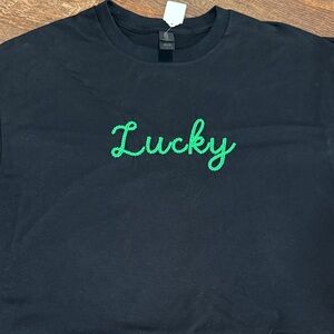 Gildan Black Tee with Green 'Lucky' Script